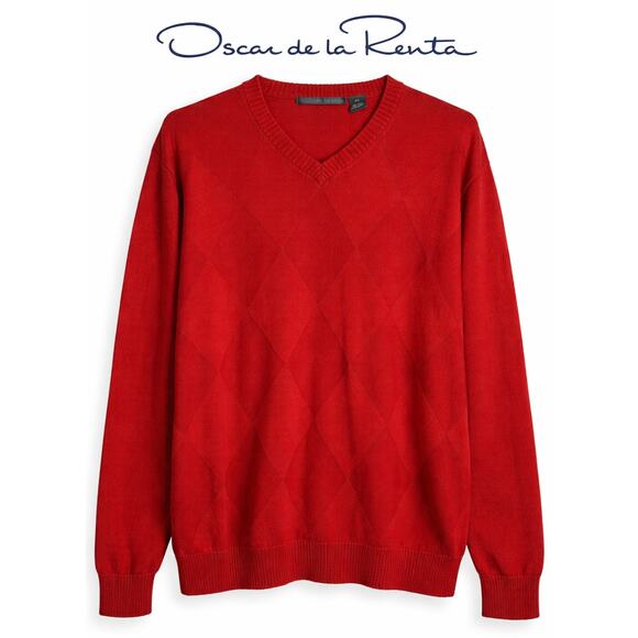 Oscar de la Renta Other - Oscar de la Renta Red Argyle Sweater Cotton V Neck Preppy Classic XXL